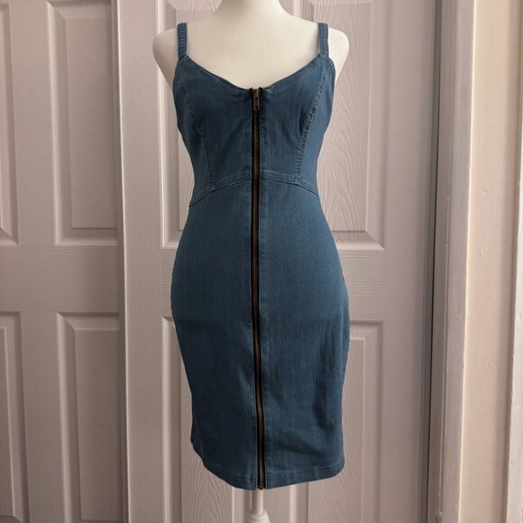 Haute Monde Denim Bodycon Zip Front Mini Dress Size M - Picture 7 of 12